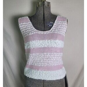 Vintage 70s 80s Pink White Sweater Tank Top Coquette M Striped‎ Girly Textured